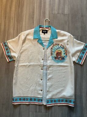 Malibu Cream & Teal Embroidered Tiger Camp Button Shirt (LARGE)